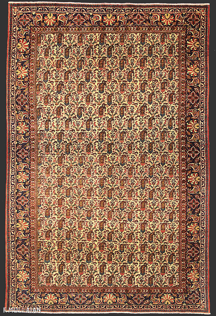 Beige Feld und „Boteh Design“ Antiker persischer Kashan Kurk Teppich n°:75454869